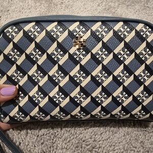 Tory Burch Blue and Cream Geometric Cosmetic Bag